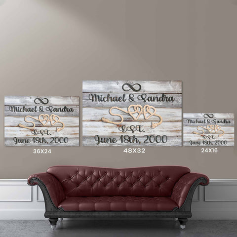 2 Heart Rope Infinity Reclaimed Rustic Grey Wood Background Rusted Iron Lettering Canvas Size Comparison