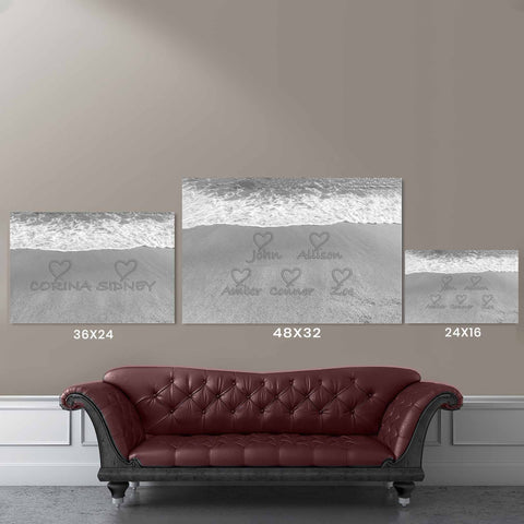 B&W Writing In The Sand Beach Canvas Size Comparison Chart
