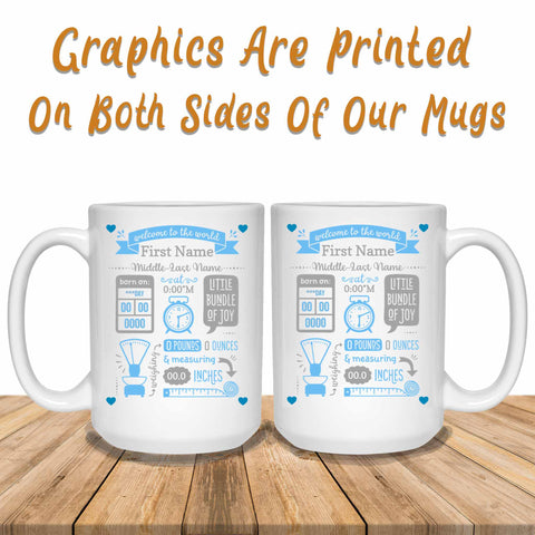 Blue-Gray Birth Stats White Mug Graphics Printed Both Sides