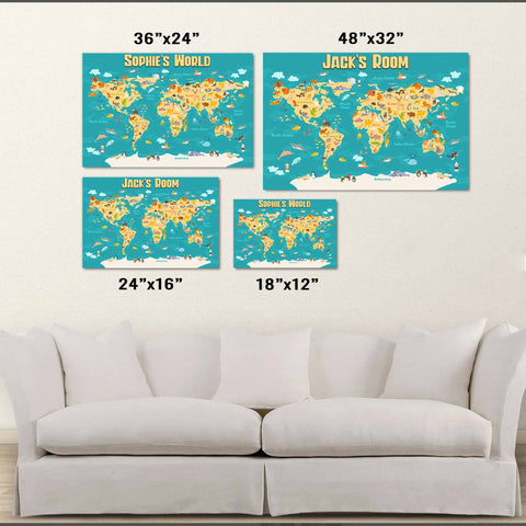 Cartoon World Map v2 Poster Size Comparison Mockup