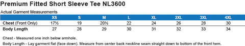 NL3600 Shirt Size Chart