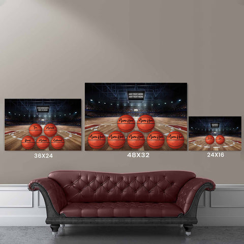 Personalized Basketball Arena Sign and Basketballs V1 Canvas Size Comparison Image