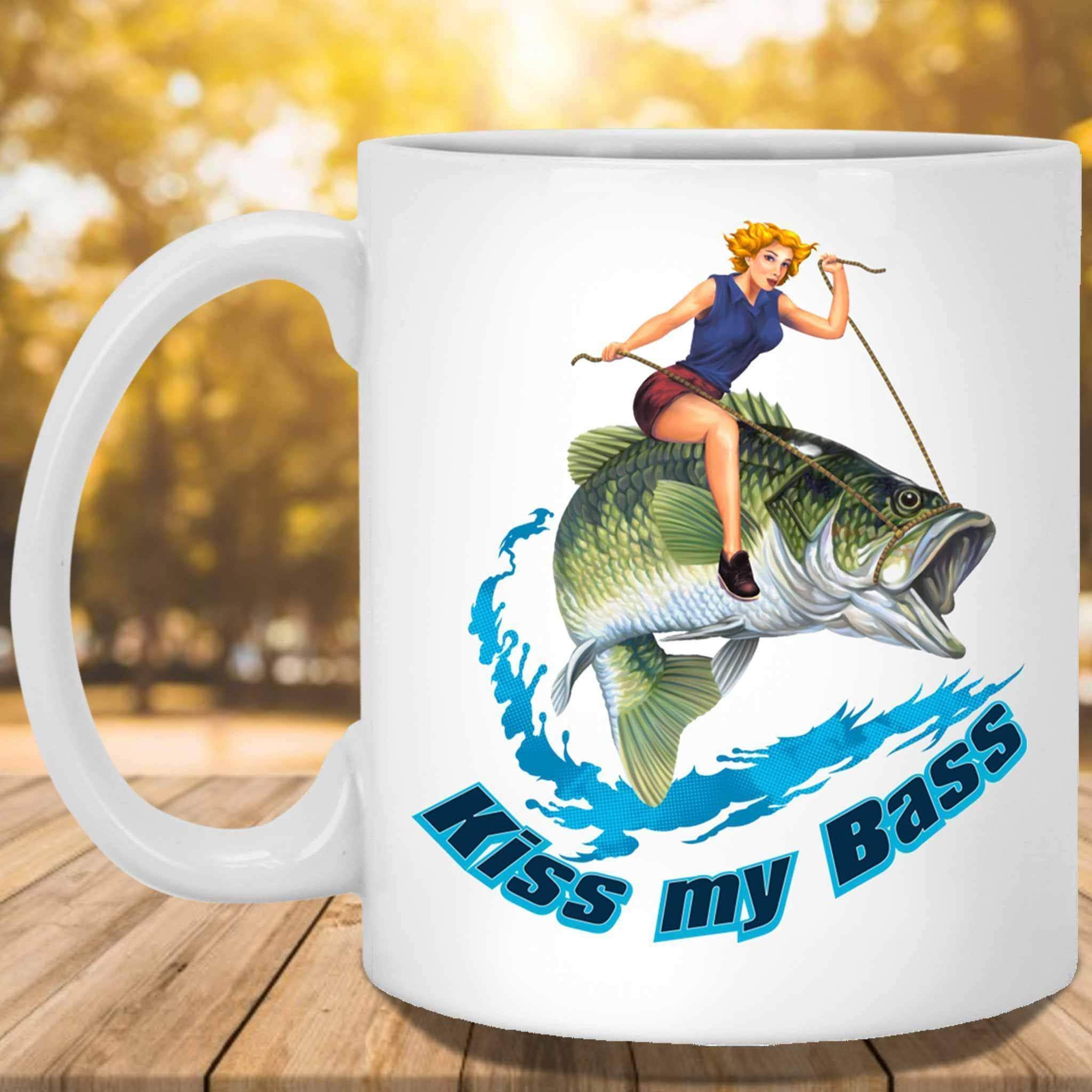 Blonde Pin Up Girl Riding Bass Fish Black Coffee Mug