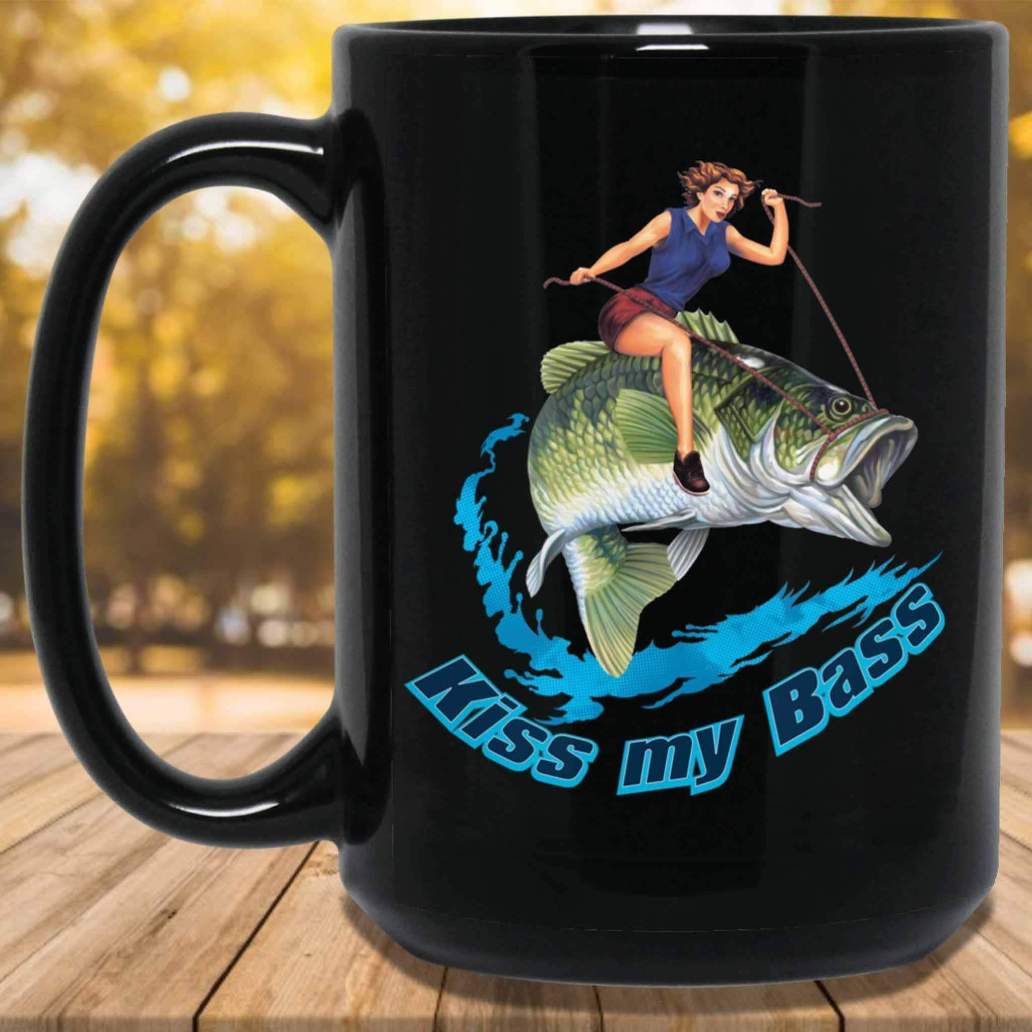 Blonde Pin Up Girl Riding Bass Fish Black Coffee Mug