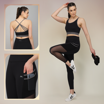 Pair of High Waist Double Pocket Tight & Multi Strap Sports Bra –  Multicolour