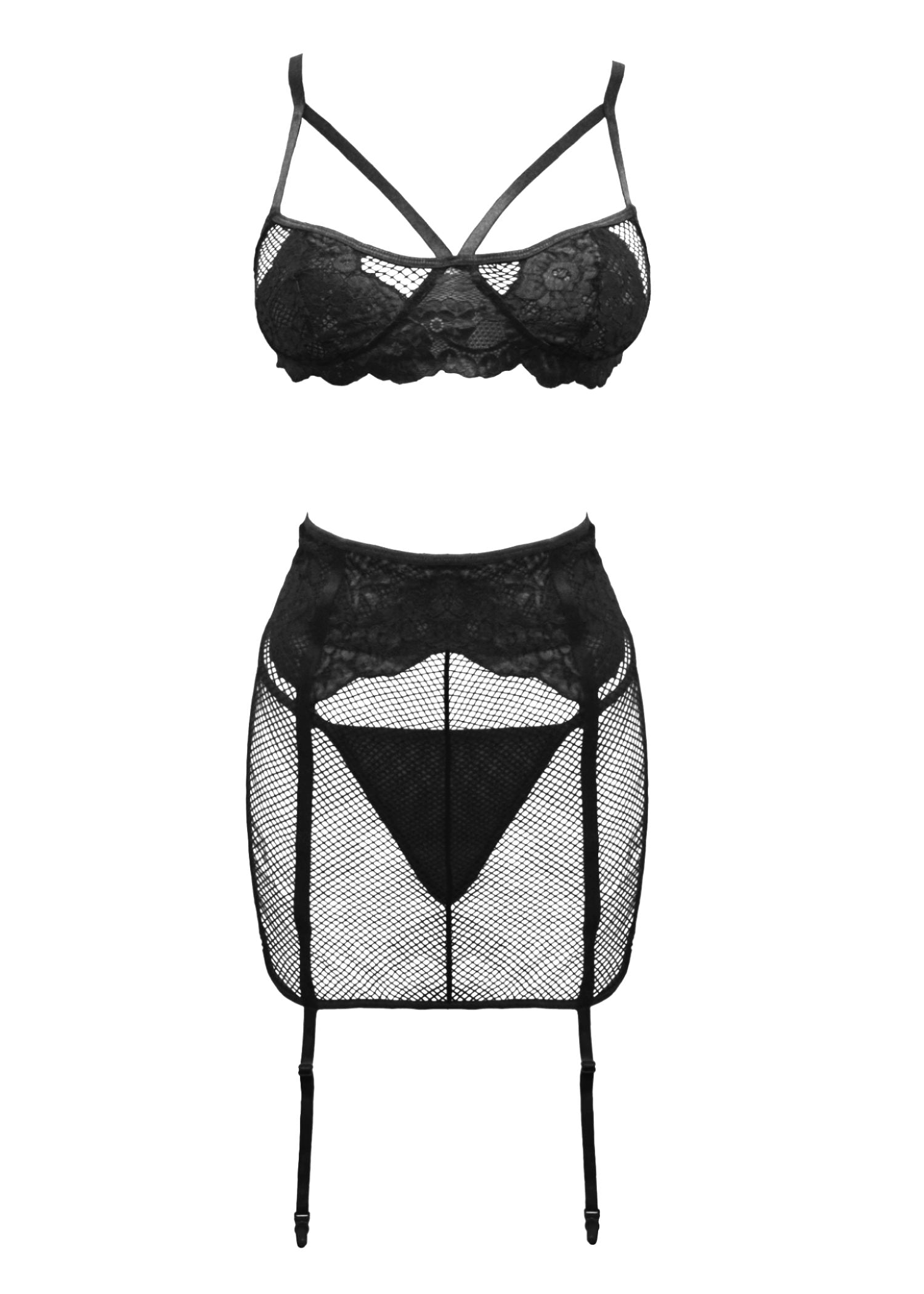 Katie (Black) Fishnet Bralette, Thong & Suspender Skirt