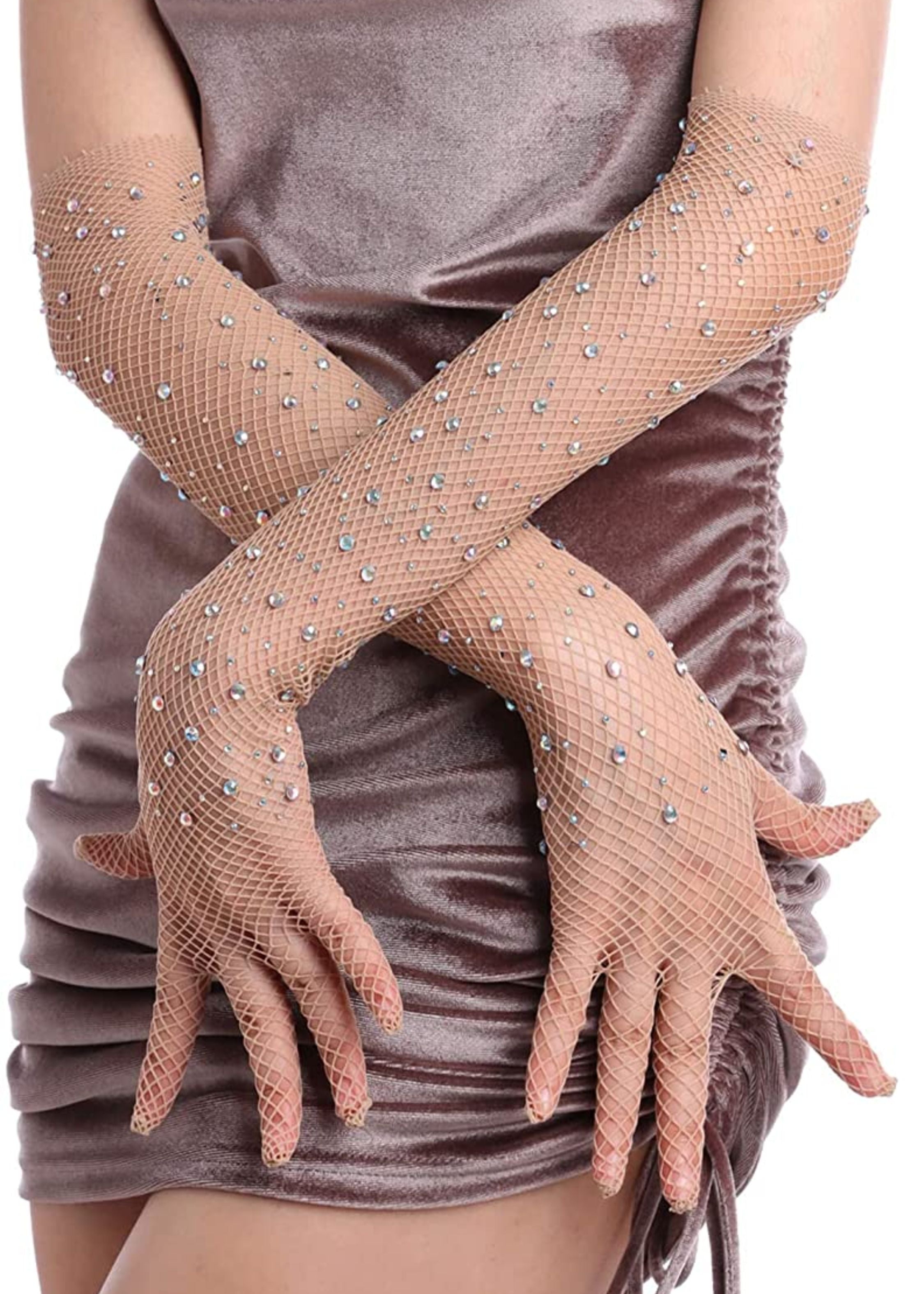 Rhinestone Fishnet Gloves (Beige)