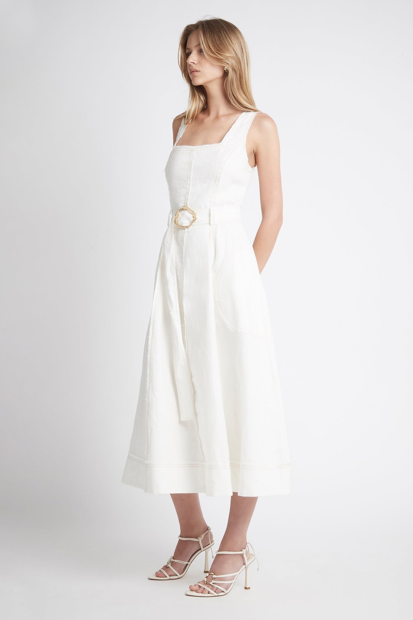 Byblos Linen Belted Midi Dress | Ivory | Aje