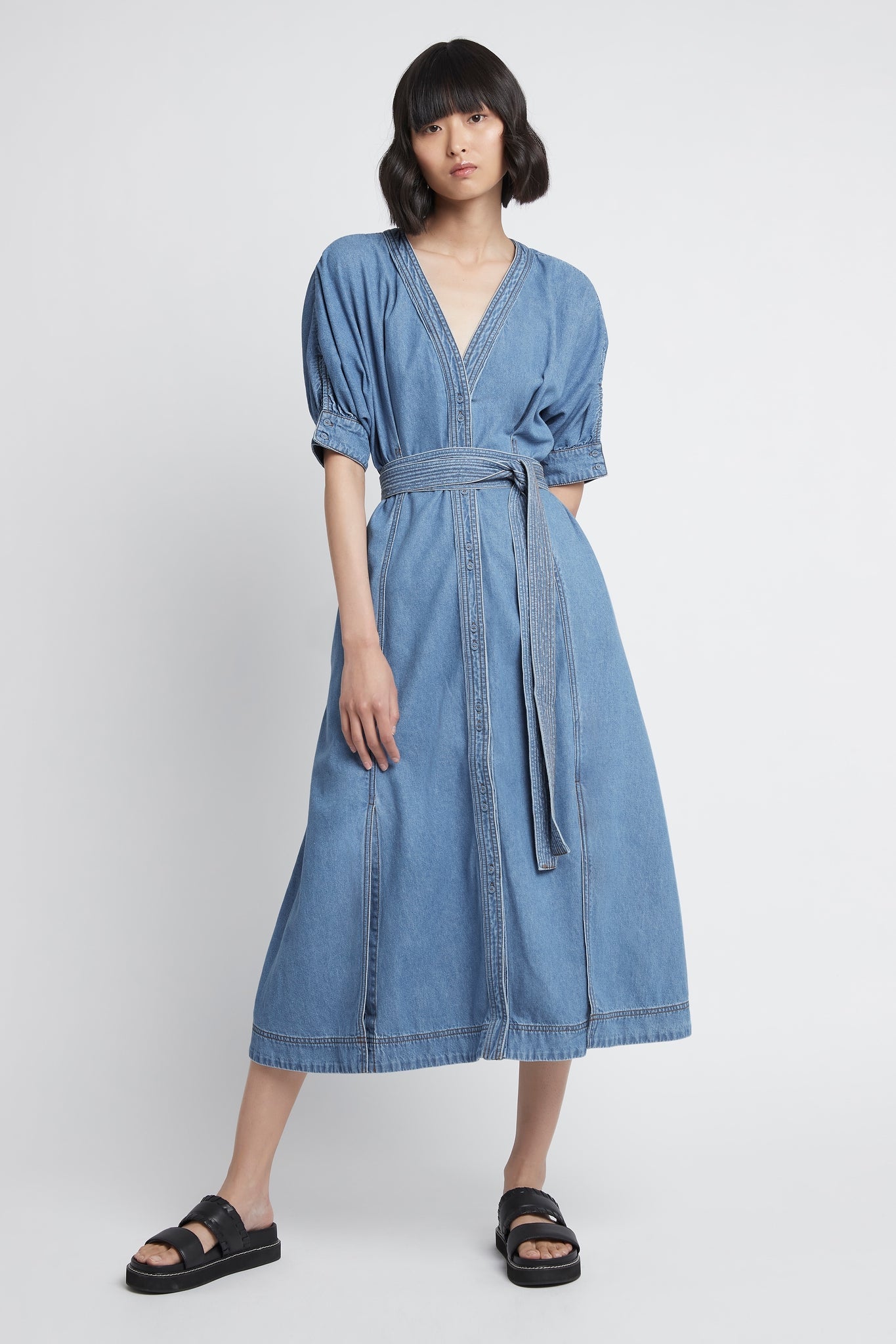 Ennoble Denim Belted Dress | Classic Blue Wash | Aje