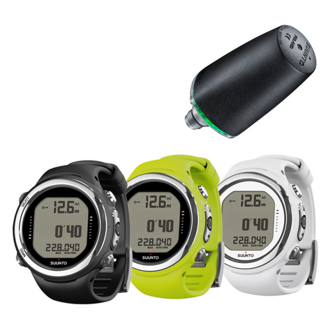 three suunto dive computers and a transmitter
