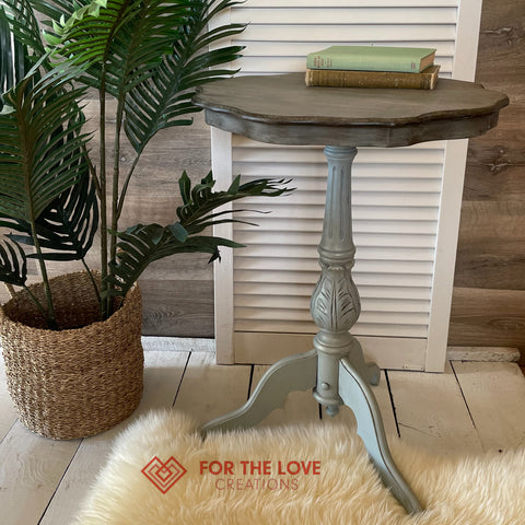 Pedestal table rescued from the roadside and made over with pale blue grey paint and a stained top