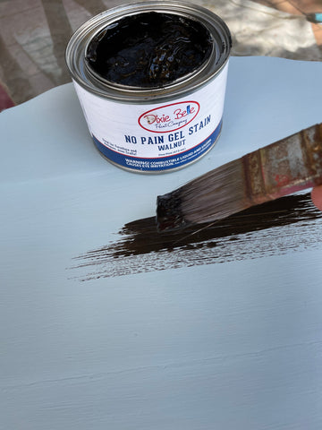 Staining paint using Dixie Belle No Pain Gel stain in Walnut warm brown