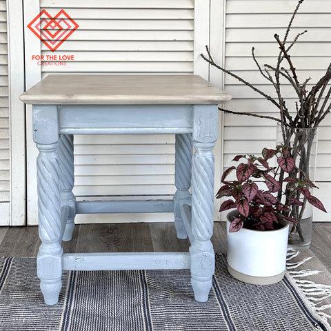Small table base painted in pale blue grey Miss Mustard Seed’s Milk Paint in Colonial Blue