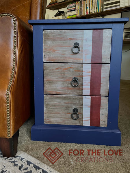 Nautical stripe three drawer side table finished with Dixie Belle Paint and products