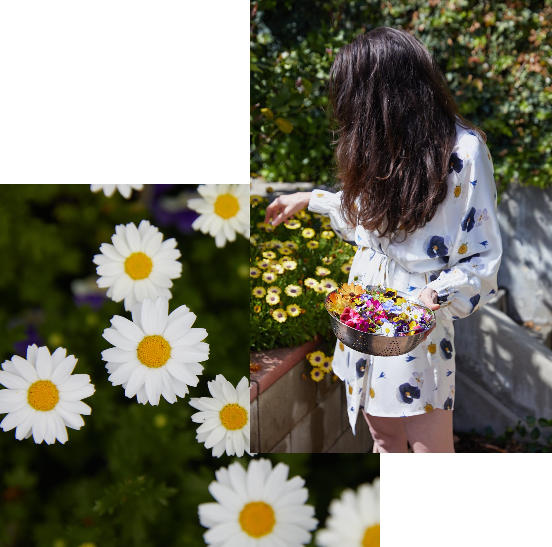 Loria in her garden with flowers and Lunya sleepwear