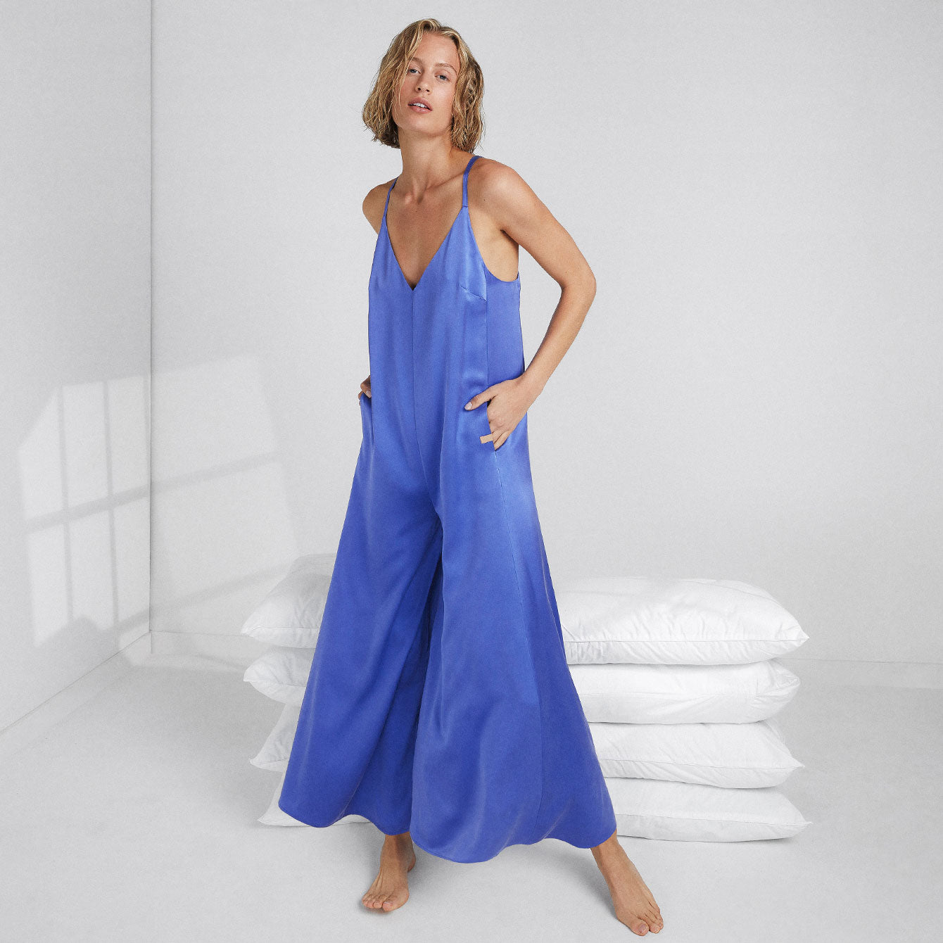 Lunya Washable Silk Elastic Strap Jumpsuit In Blue