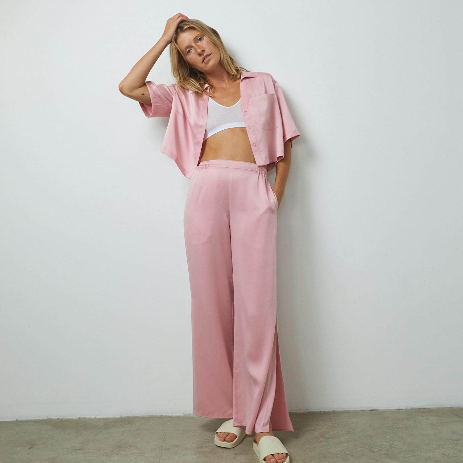 Lunya Washable Silk High Rise Pant Set In Pink