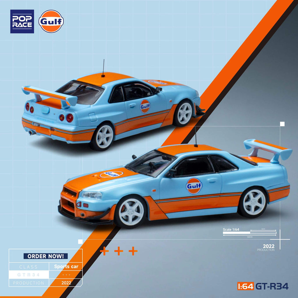 POPRACE 1:64 GTR R34 Gulf Oil Livery PR64-NR34-GULF PR64-NR34-GULF –  Horizon Diecast