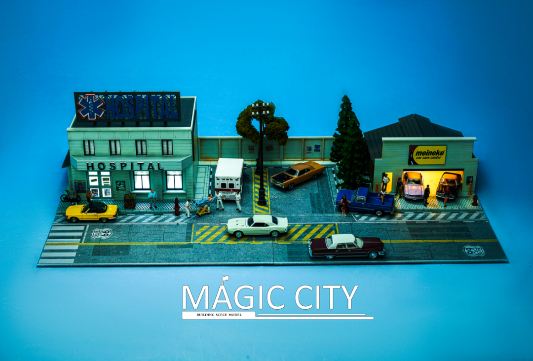 [Preorder] Magic City 1:64 Diorama American Scene - Hospital & Meineke Auto Repair Shop