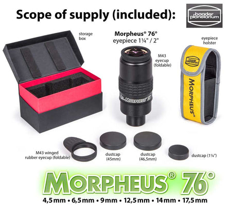 76° Morpheus® eyepiece w. standard foldable eyecup, winged/foldable eyecup for binoviewing, storage-box, three dustcaps, cordura eyepiece holster