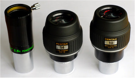 Fig 1: Eyepieces used for the test: Tele Vue 2.5x Powermate, Pentax 14mm XW, and Pentax 10mm XW.