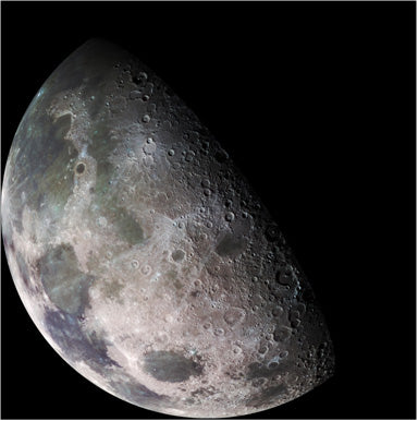 Fig 3: Color mosaic of Moon assembled from 18 images taken by the NASA spacecraft Galileo's imaging system using a green filter. Upper left is the dark, lava-filled Mare Imbrium, Mare Serenitatis (middle left), Mare Tranquillitatis (lower left), and Mare Crisium, the dark circular feature toward the bottom of the mosaic. Image Credit: NASA/JPL/USGS