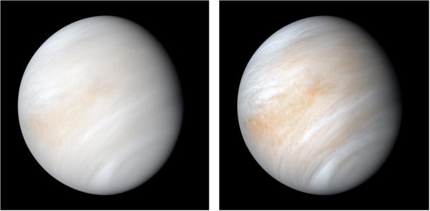 Fig 4: A color enhanced image of Venus from the Mariner 10 spacecraft. This view is a false color composite created by combining images taken using orange and ultraviolet spectral filters. The clouds shown are located about 40 miles above the planet's surface, at altitudes where Earth-like atmospheric pressures and temperatures exist. They are comprised of sulfuric acid particles. The cloud particles are mostly white in appearance; however, patches of red-tinted clouds also can be seen. Image credit: NASA/JPL-Caltech.