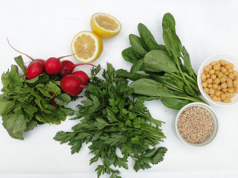 Spinach Salad with Farro, Radish and Garbanzo Beans