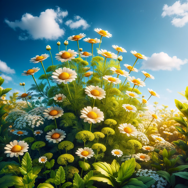 Chamomile plant with flowers, symbolizing relaxation and calmness.