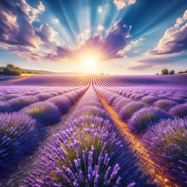 Picturesque lavender field, representing soothing and aromatic properties.
