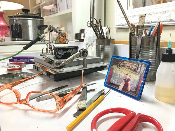 Soldering set up of New Orleans jewelry designer Katy Beh