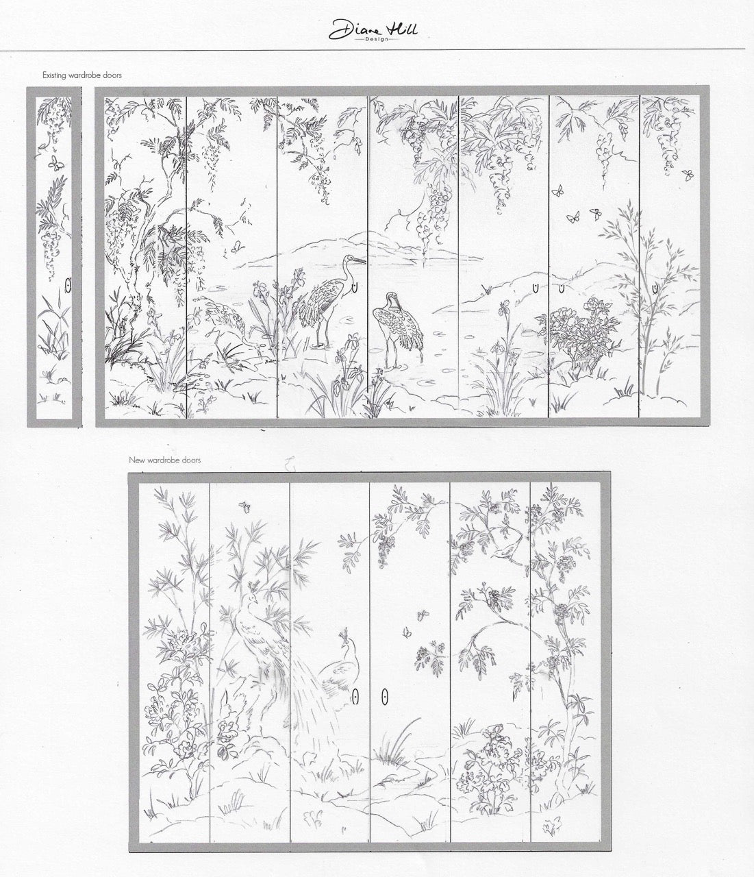 Initial sketch of the mural designs onto wardrobe doors by Diane Hill