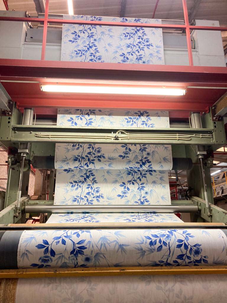 Harlequin X Diane Hill Lady Alford fabric being printed at the harlequin factory