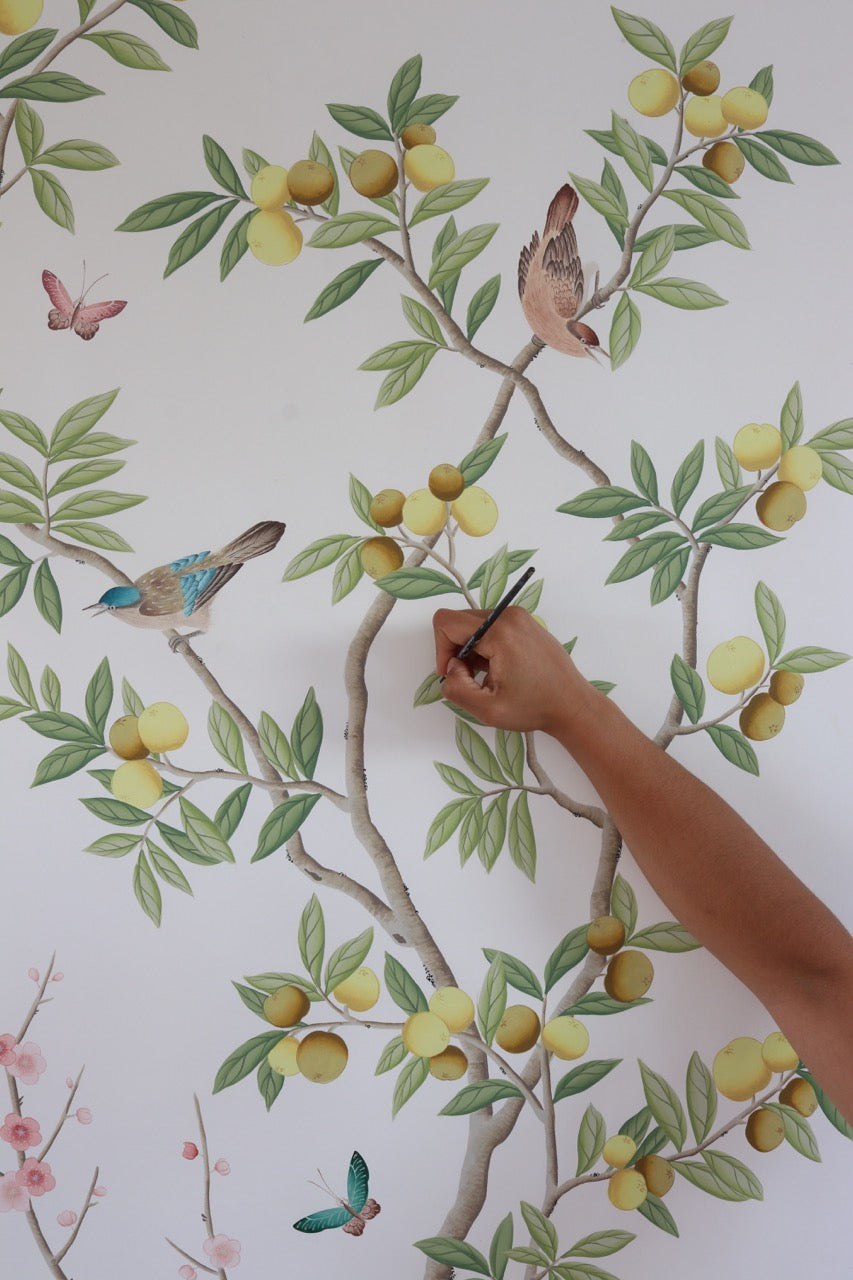 Up close photo of original painting by Diane Hill's 'Chinoiserie Chic' wallpaper design for Rebel Walls