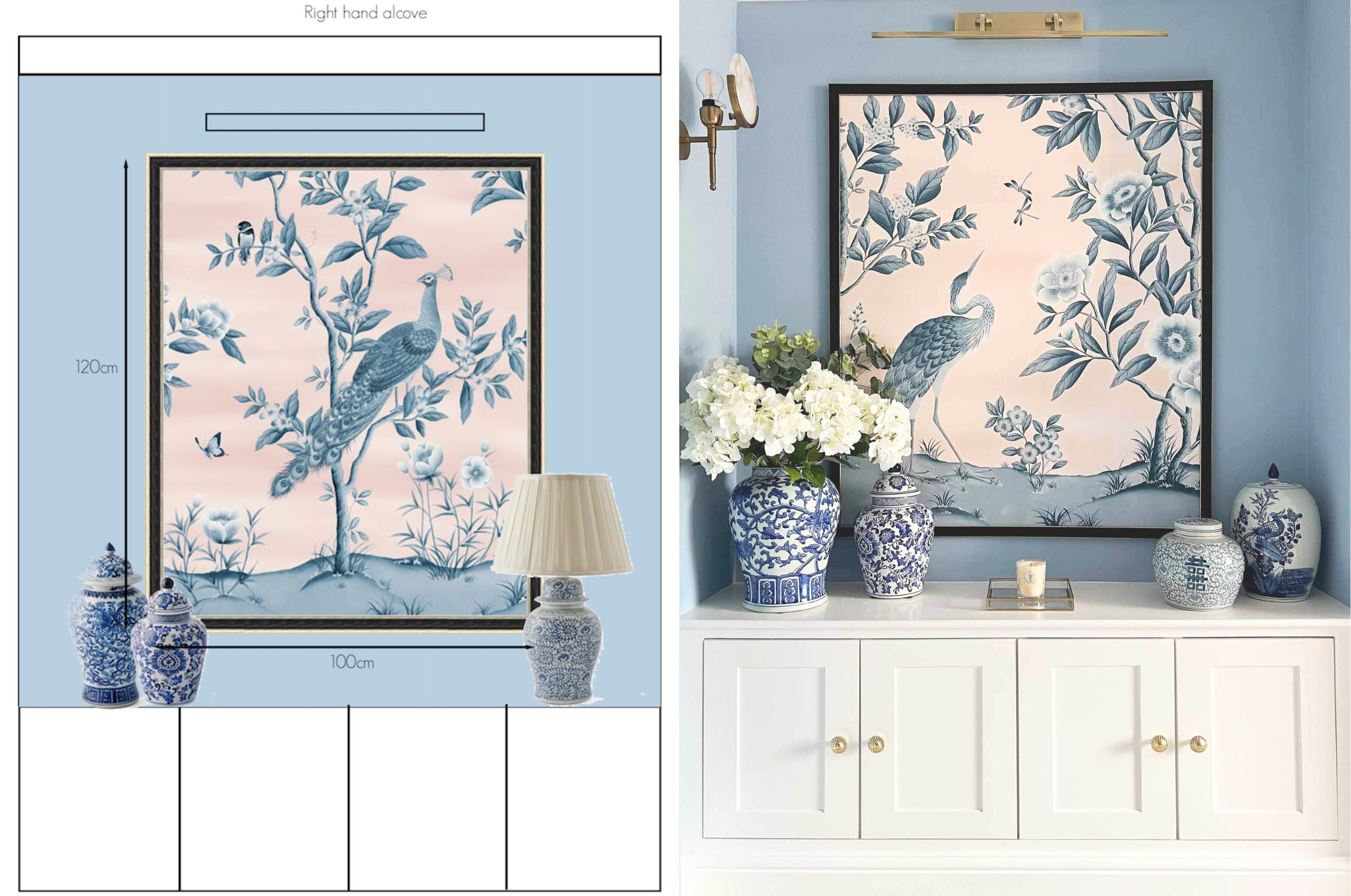 side by side photo of before and after of rendered image vs final result of diane hill's chinoiserie home decor