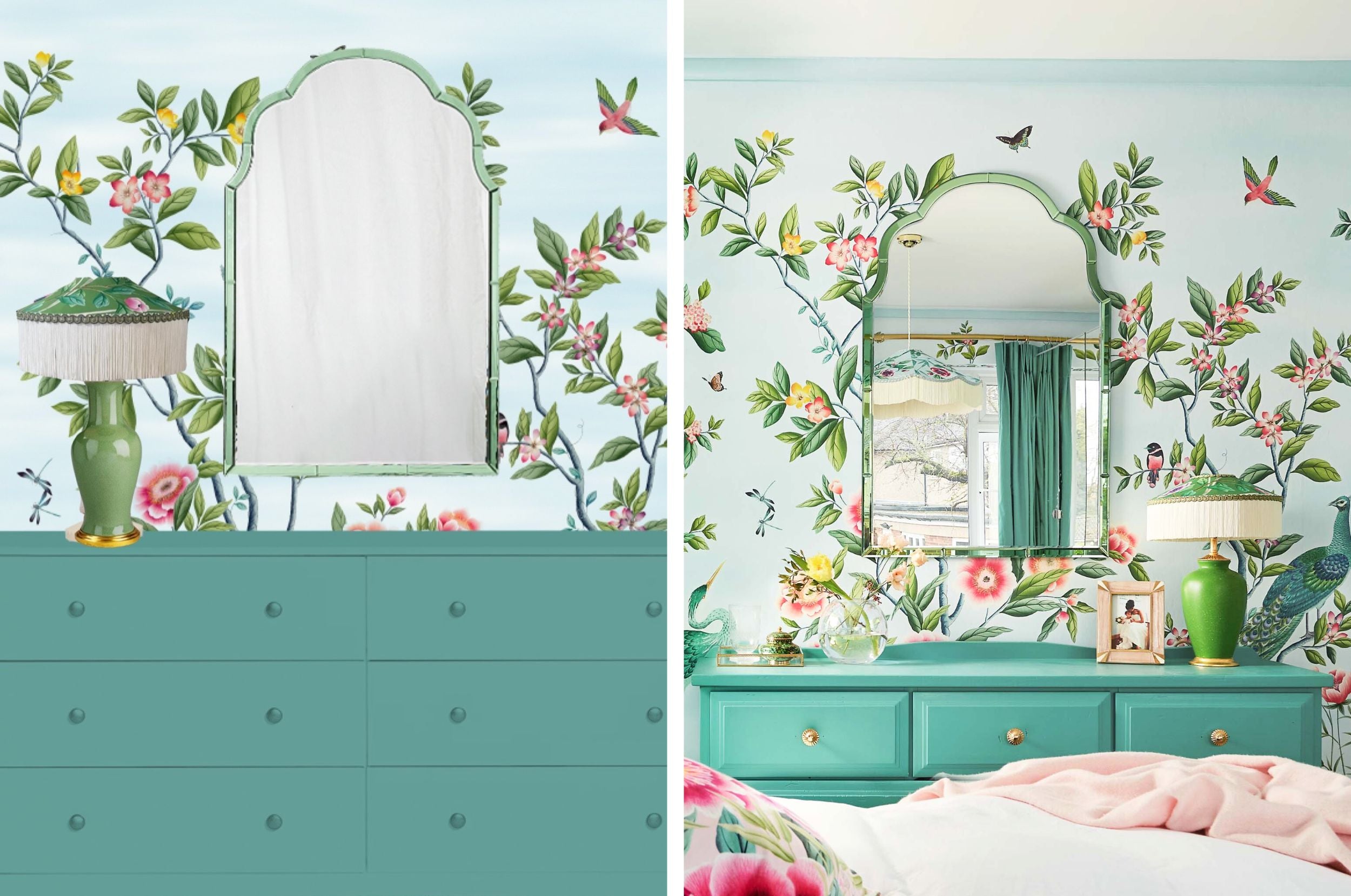 side by side photo of digital rendering vs end result of diane hill's chinoiserie home decor