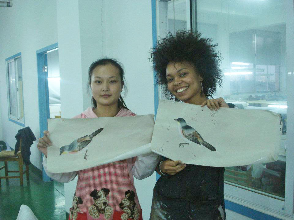 Diane Hill and friend with traditional traditional chinoiserie or Chinese gongbi style bird painting