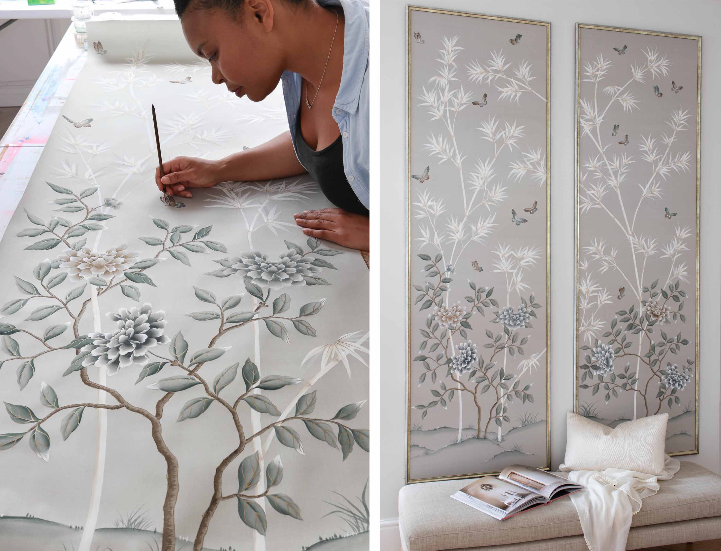 left: diane hill using a natural hair chinoiserie paintbrush for gongbi style art painting original floral chinoiserie design on silk painting paper. right: framed vintage floral chinoiserie wallpaper art print panels