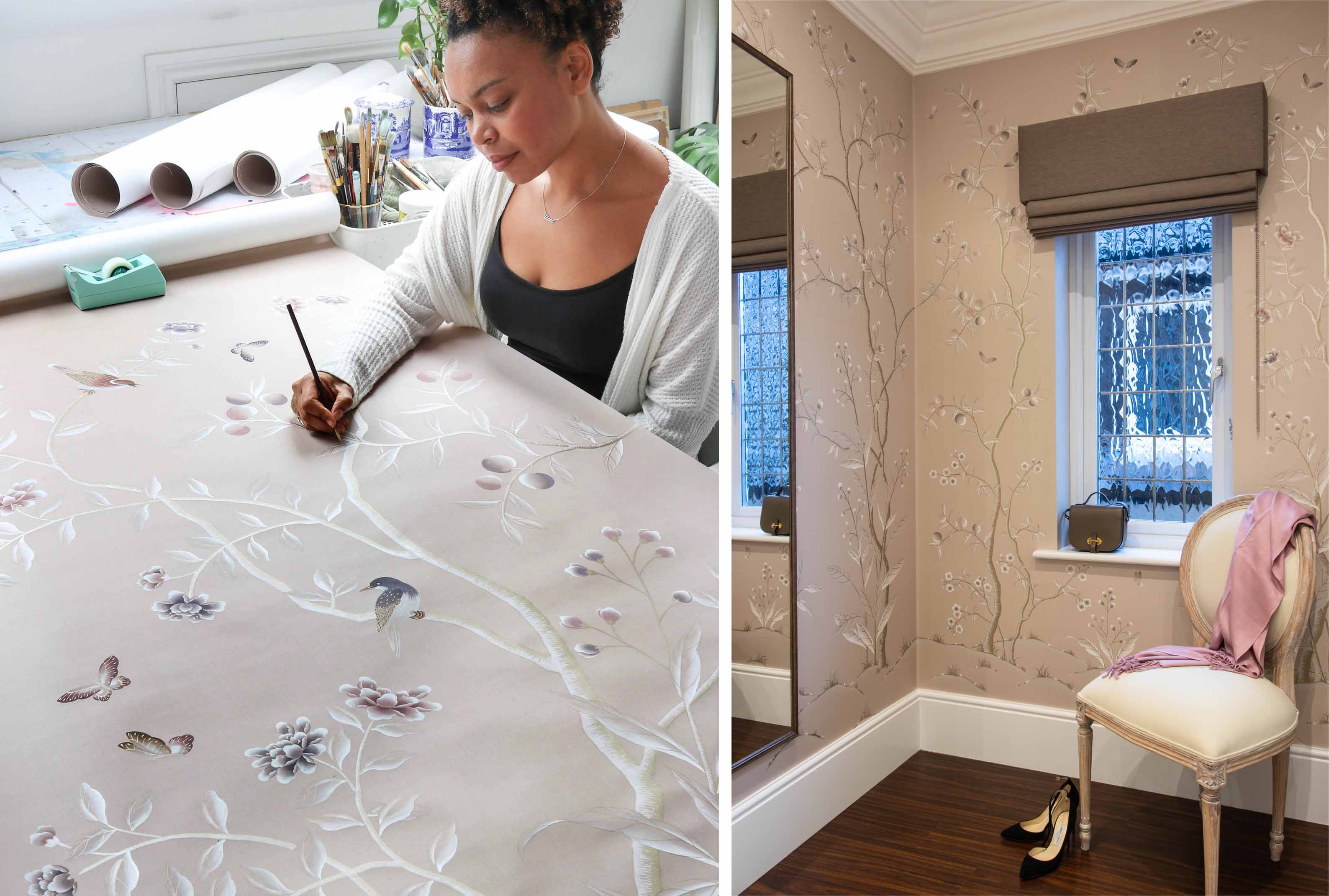 left: diane hill using natural animal hair Chinese paintbrush for botanical floral chinoiserie wallpaper right: pink floral chinoiserie wallpaper dressing room home decor