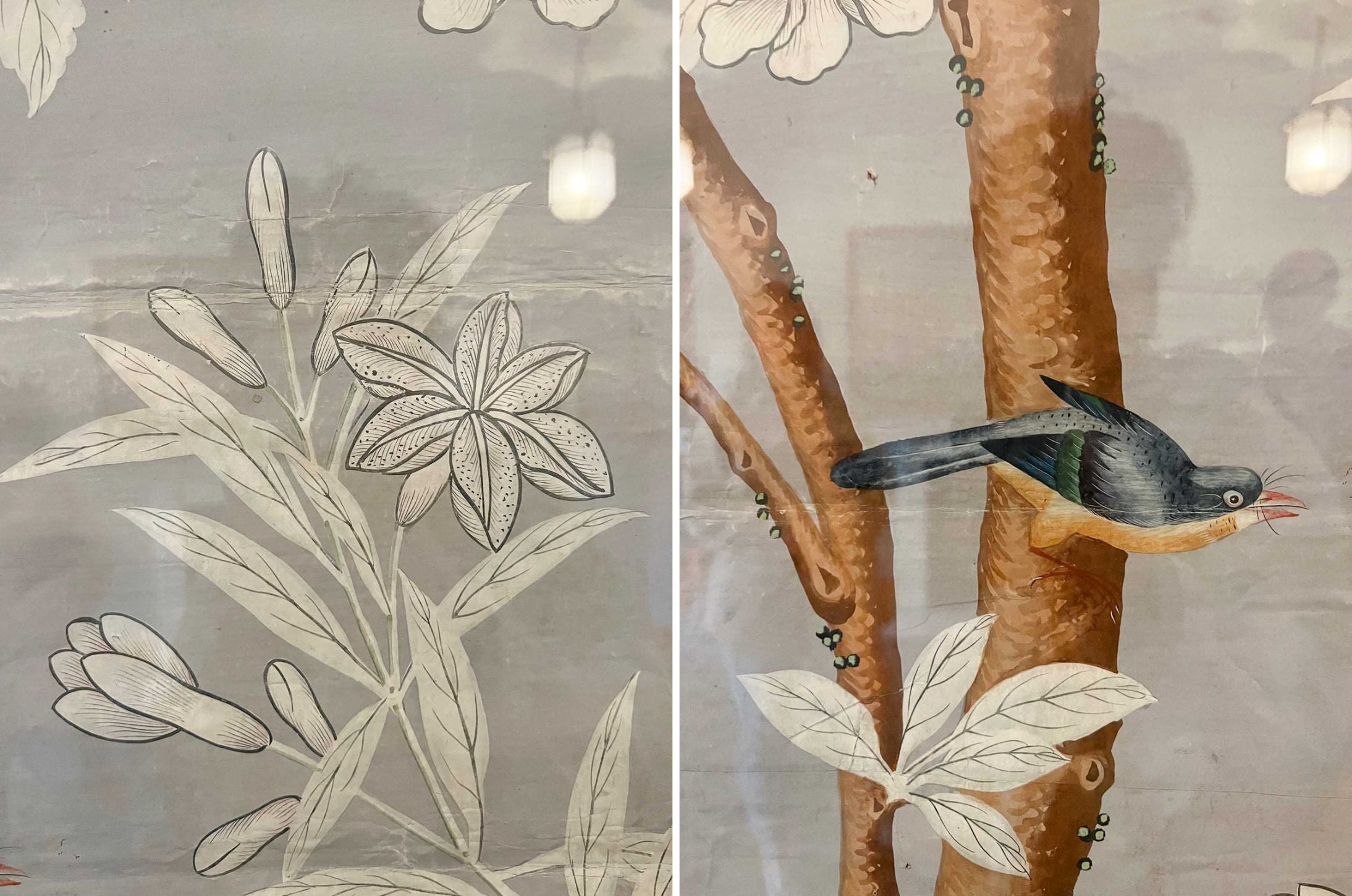 side by side photographs of grey chinoiserie panel from the archives of Brighton Pavilion