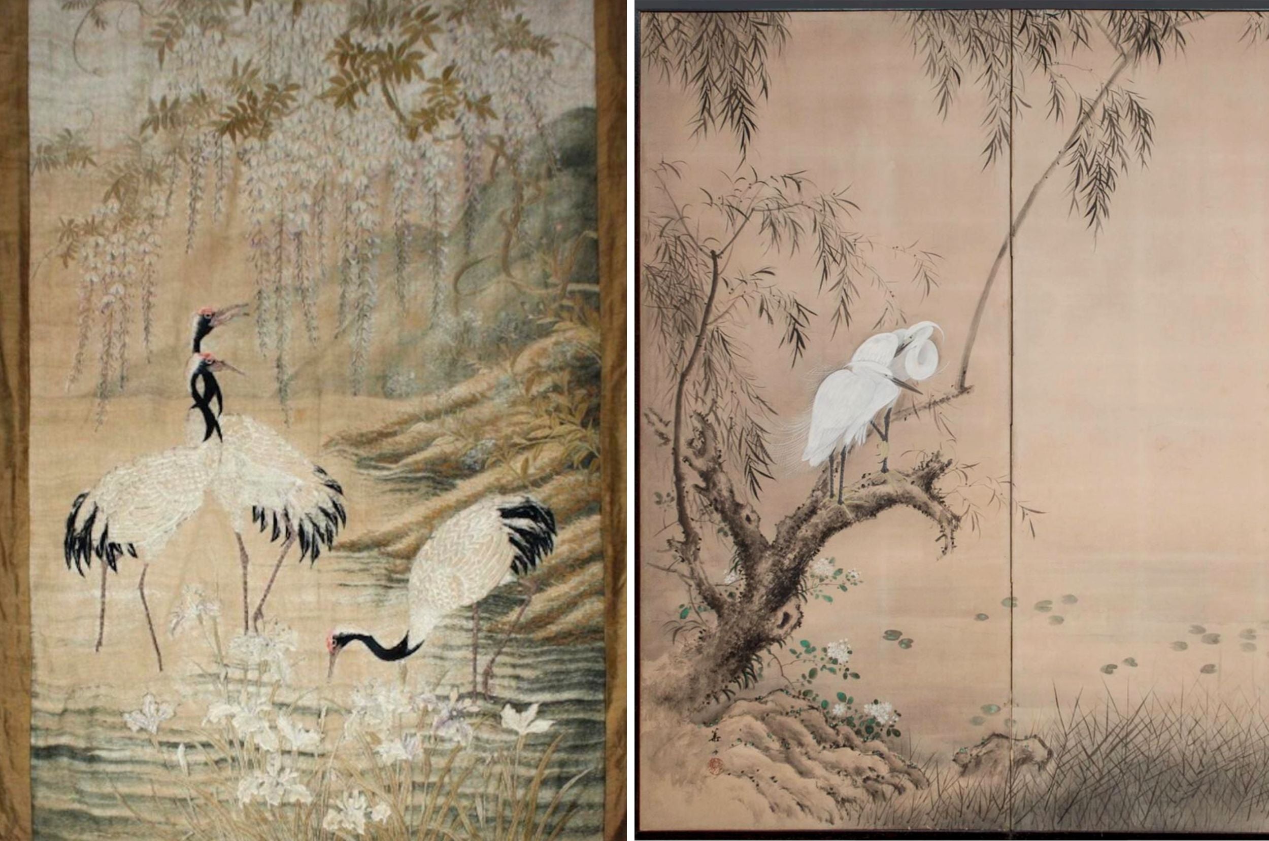 Side by side photos of antique Japanese painting featuring cranes and hanging flowers