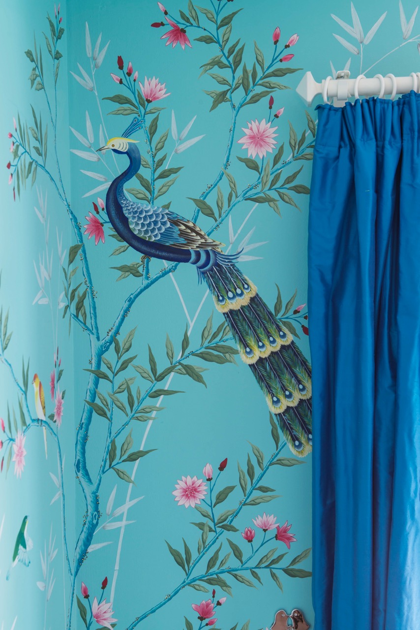 blue chinoiserie style peacock wall mural Chinese painting