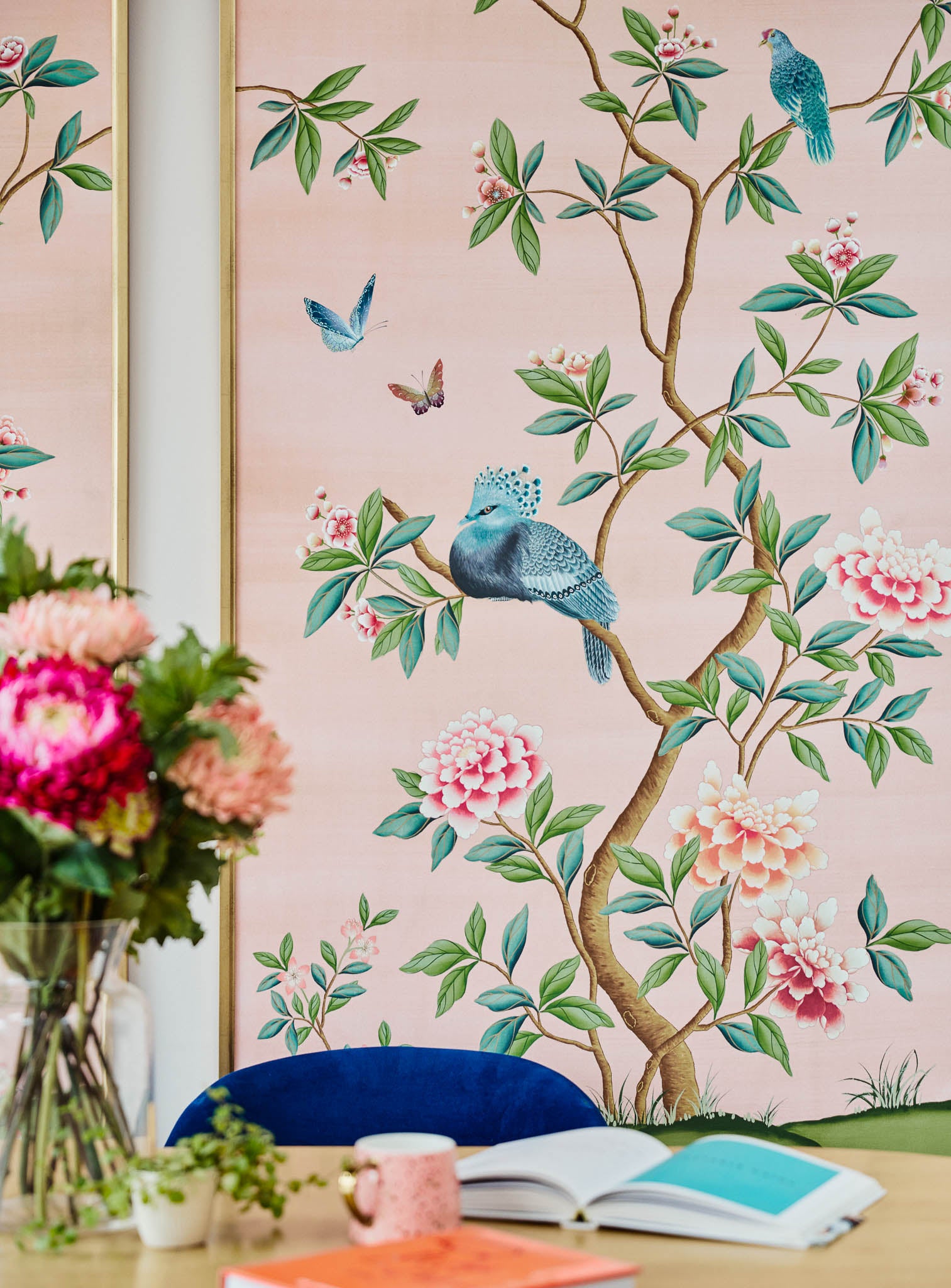 pink botanical framed chinoiserie wallpaper panel in modern dining room