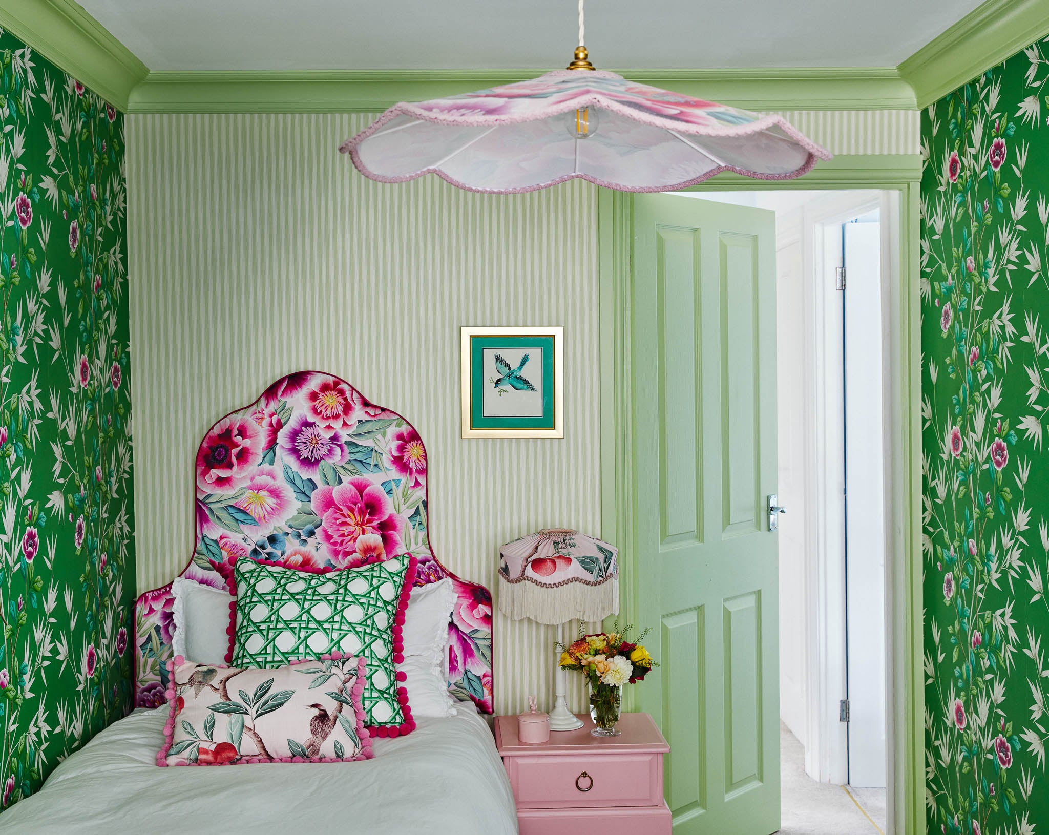 green and pink maximalist bedroom