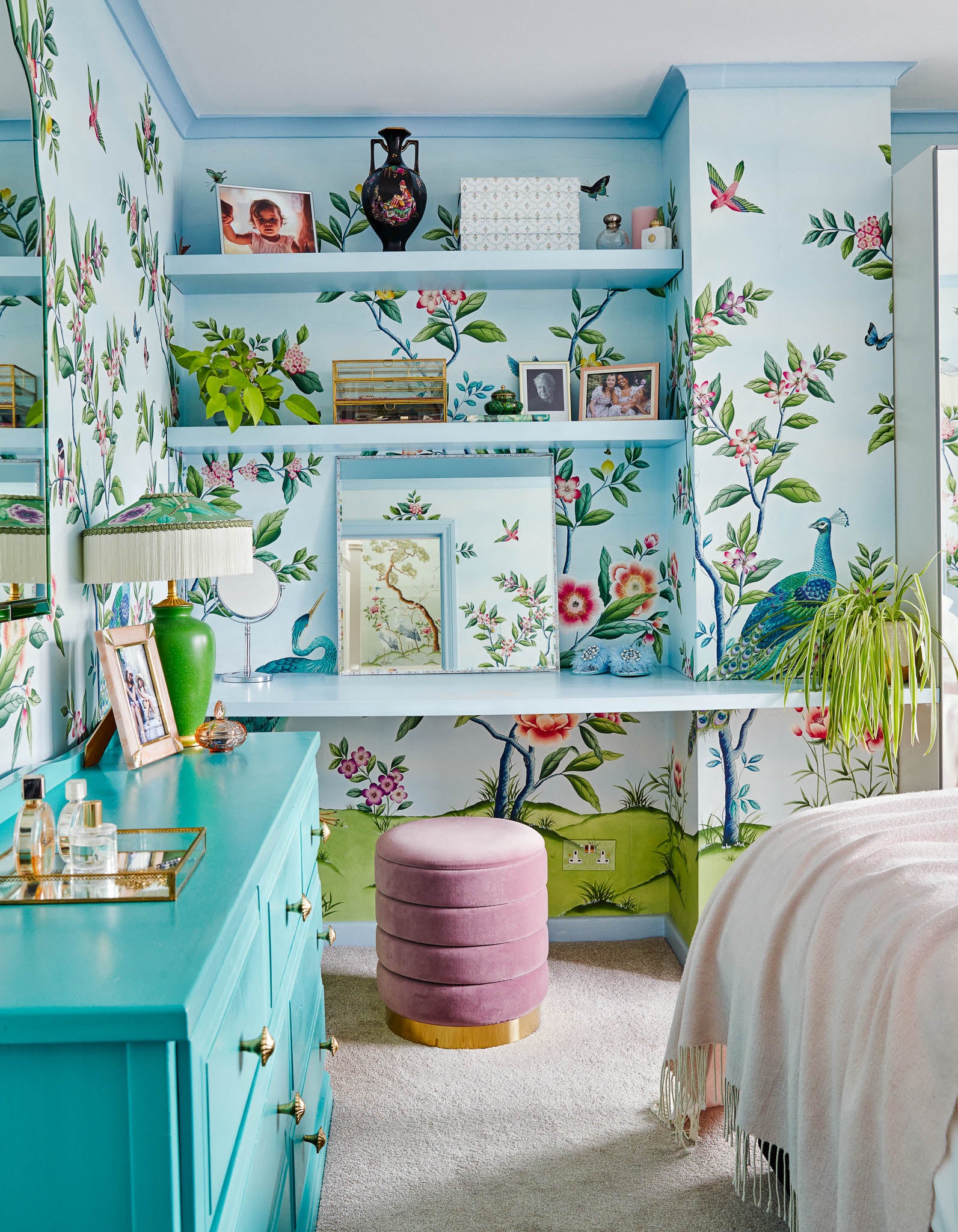 blue and green accents in modern botanical chinoiserie bedroom