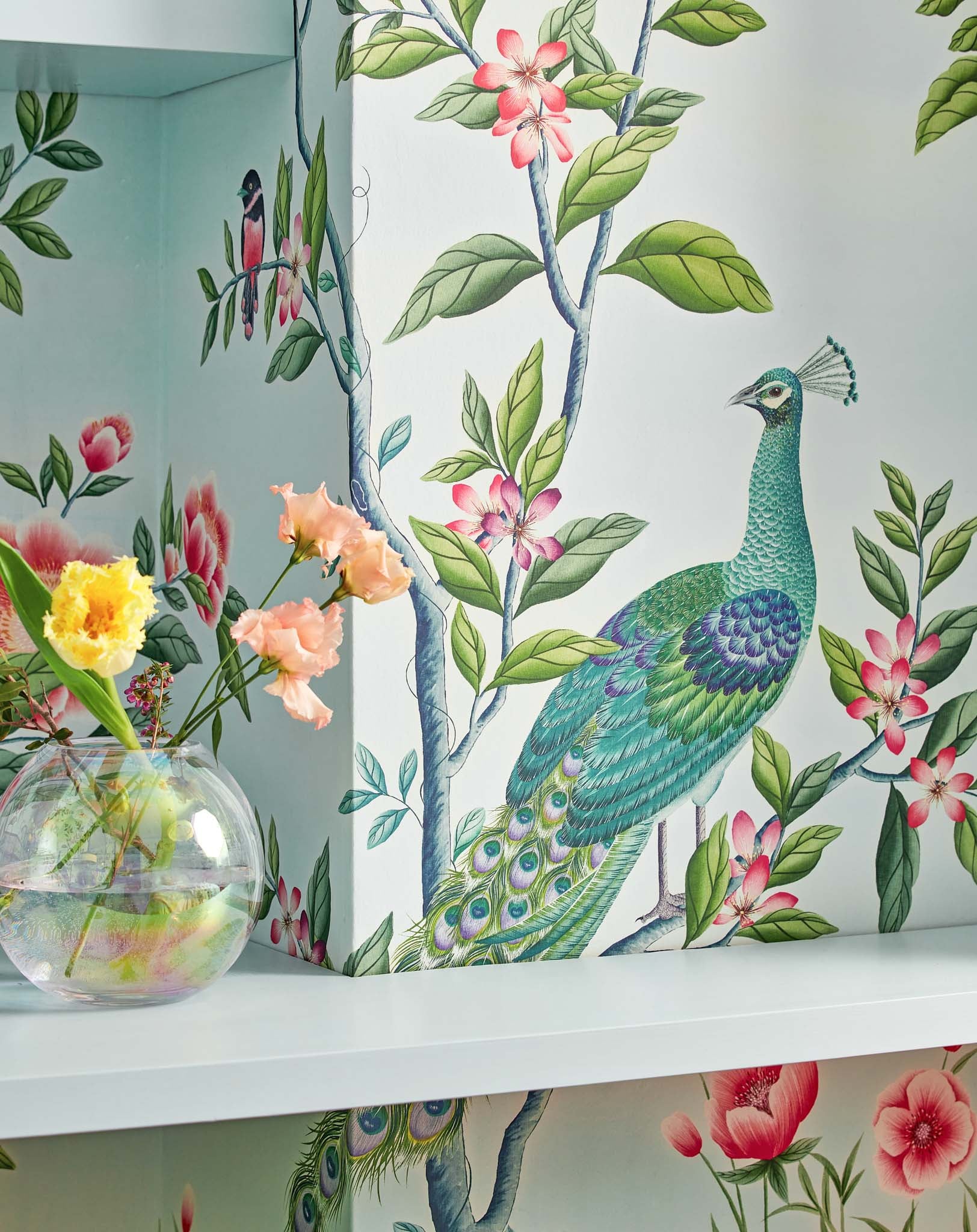 Chinoiserie wallpaper mural with peacock
