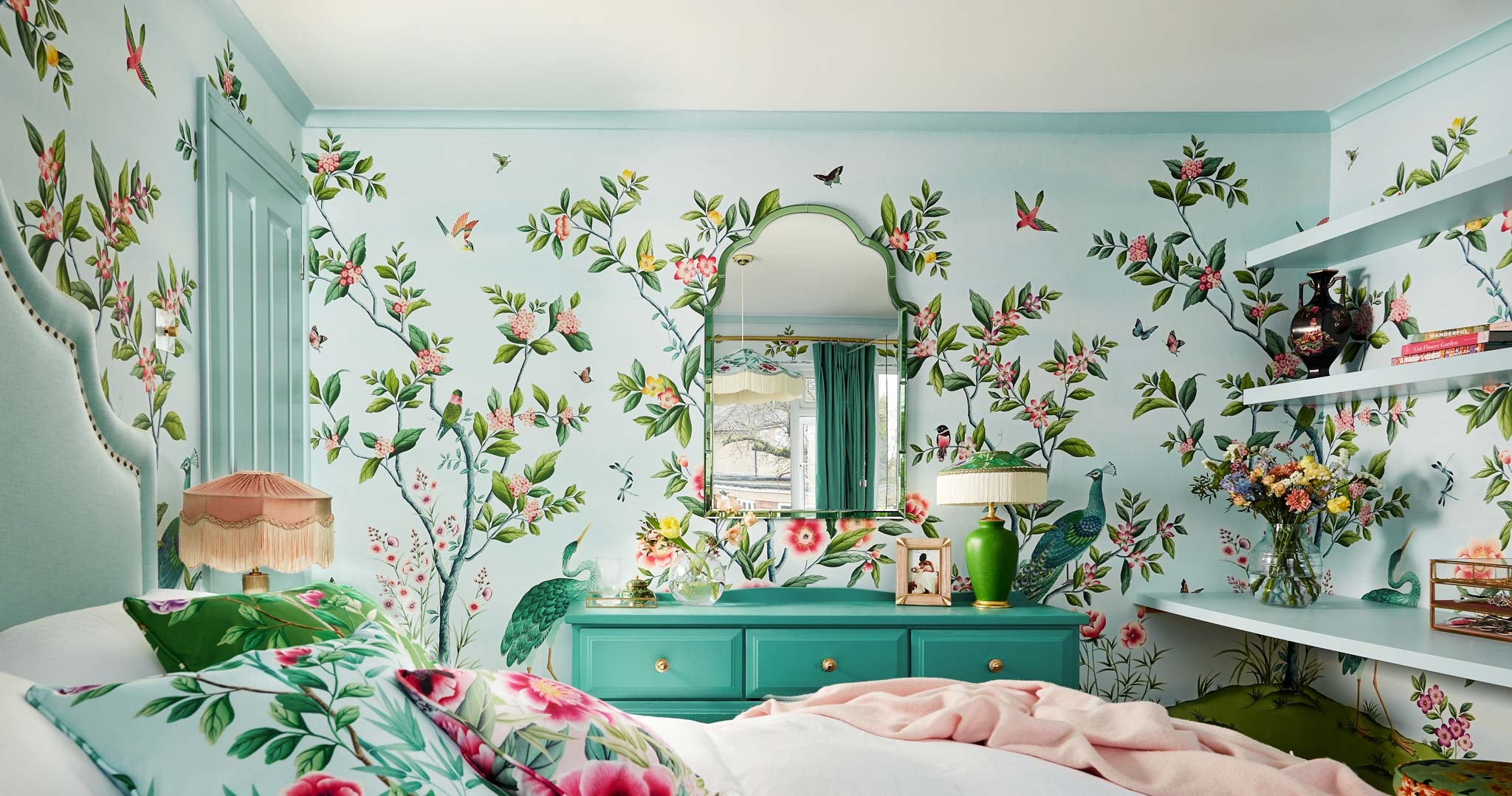 Turquoise maximalist bedroom featuring Diane Hill's award winning 'Florence' chinoiserie wallpaper