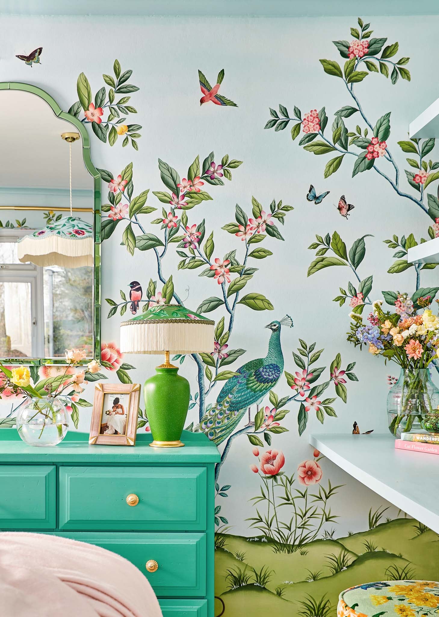 Aqua blue colourful bright floral scenic wallpaper mural with peacock birds and butterflies