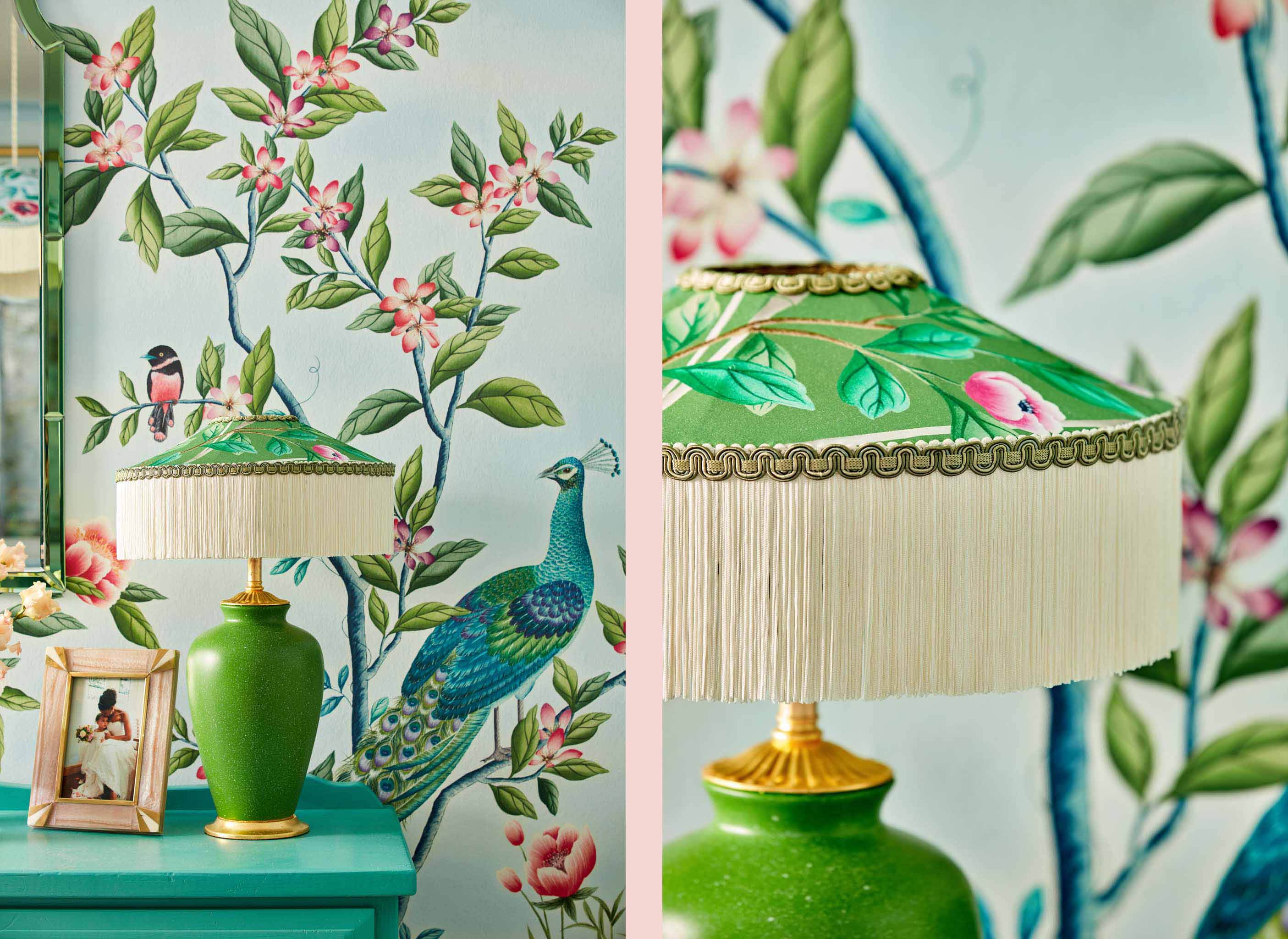Green chinoiserie fabric lamp with chinese wallpaper mural by harlequin and diane hill
