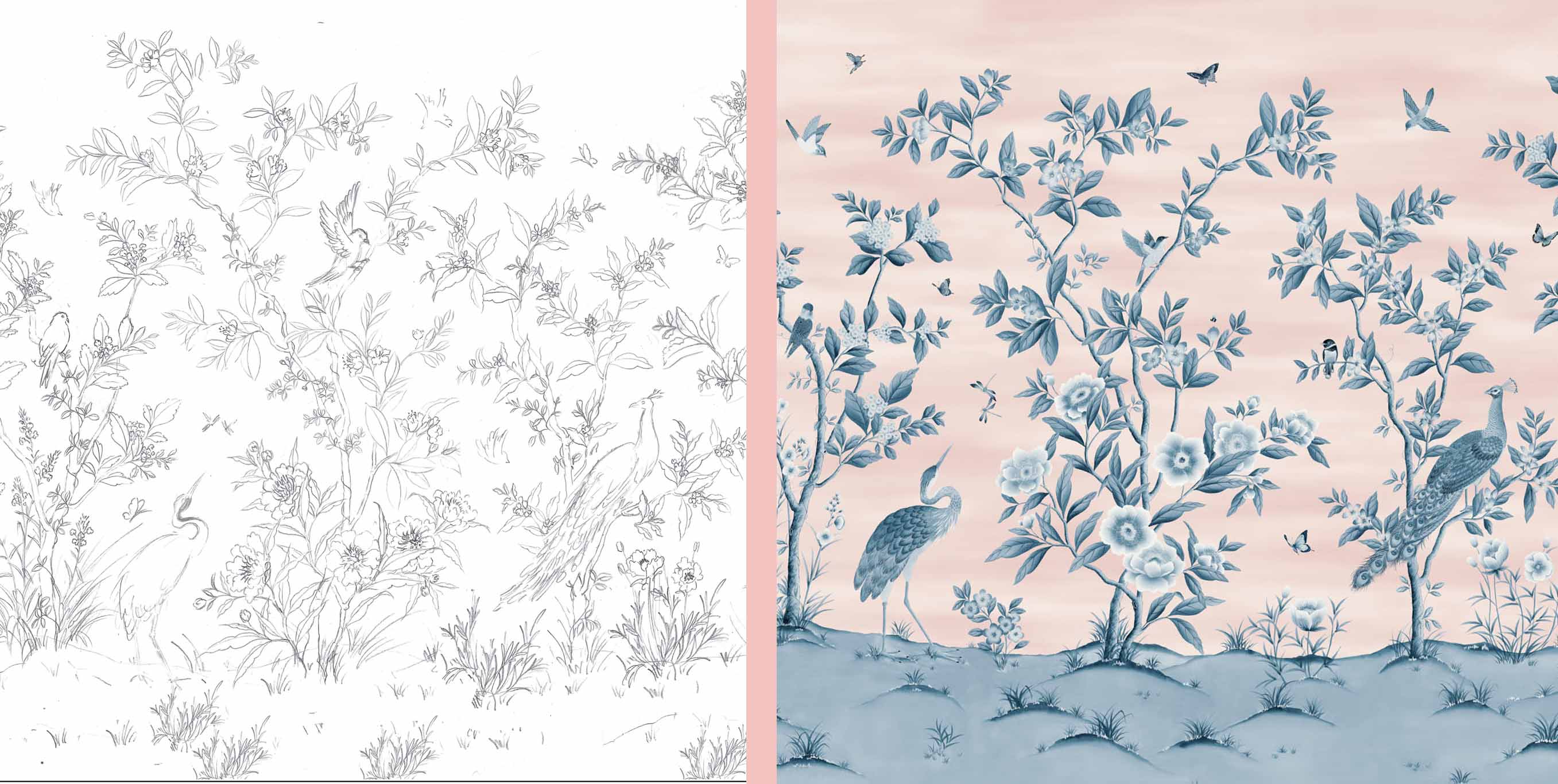 Chinoiserie wallpaper initial design in black and white and finished piece in powder blue on pink background